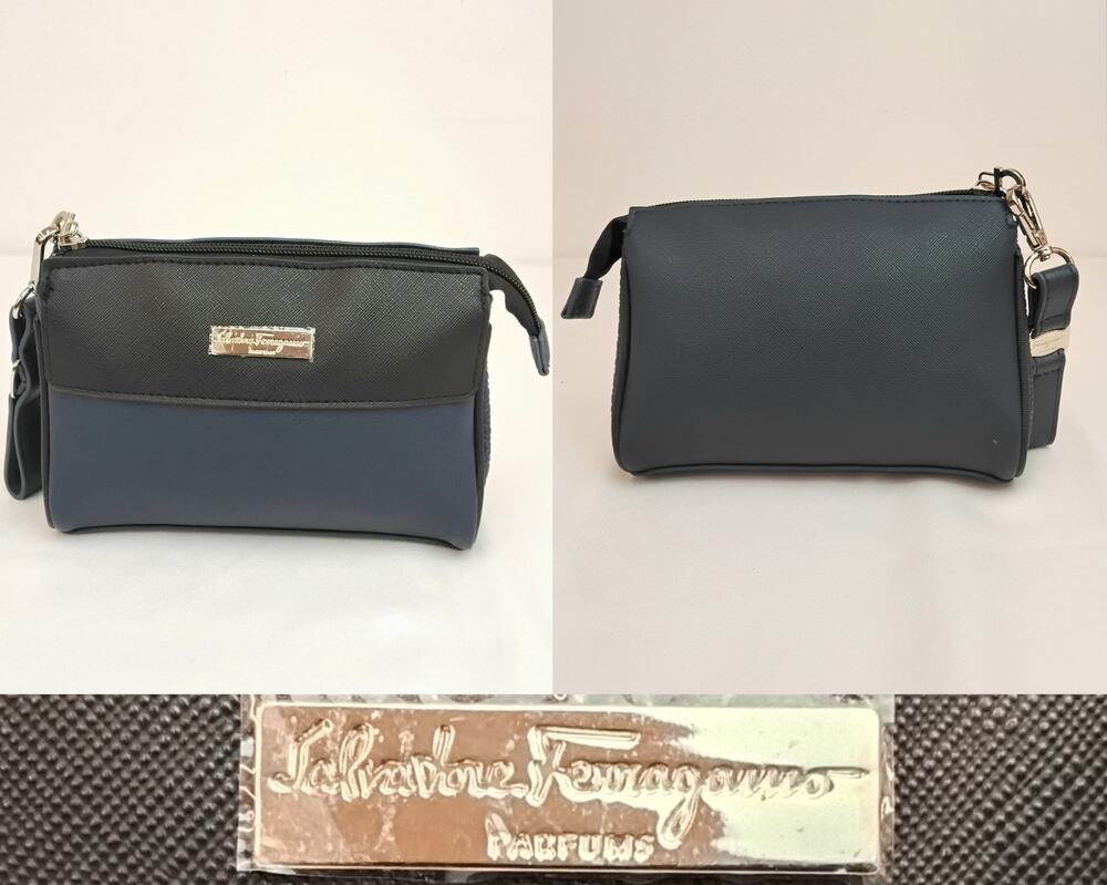 Salvatore Ferragamo Parfums Travel Toiletry Cosmetic Bag Navy Wristlet #J5975